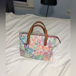 Fossil Canvas Multi With Key Zip pocket with Canvas Butterfly print fossil bag.